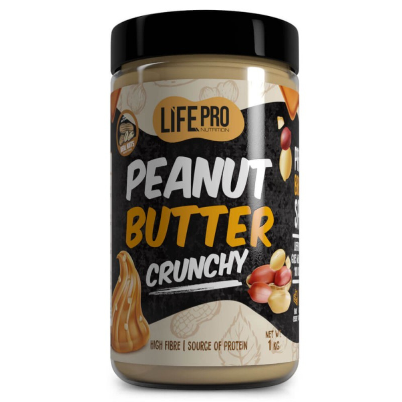 Pot de beurre de cacahuète LifePro Peanut Butter Crunchy 1 kg avec couvercle noir et étiquette noire et jaune riche en protéines et fibres