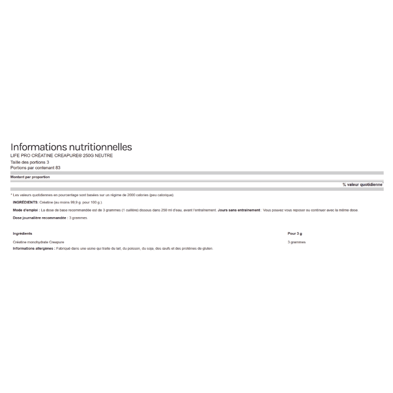Tableau nutritionnel Life Pro Créatine Creapure 250g, conseils d’utilisation, dose et composition