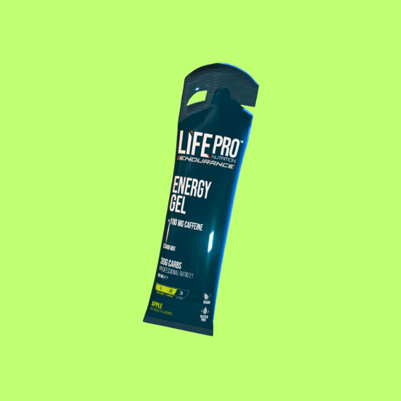 Gel énergétique Life Pro Endurance pomme avec 100mg de caféine, ratio glucides 2:1 pour efforts intenses