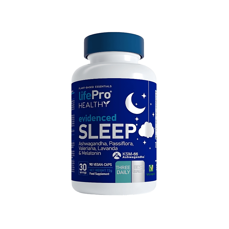 Flacon LifePro Healthy Evidenced Sleep, complément sommeil en 90 gélules véganes associant ashwagandha, passiflore, valériane, lavande et mélatonine pour favoriser l’endormissement