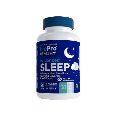 Flacon LifePro Healthy Evidenced Sleep, complément sommeil en 90 gélules véganes associant ashwagandha, passiflore, valériane, lavande et mélatonine pour favoriser l’endormissement