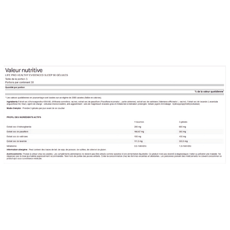 Tableau valeur nutritive LifePro Evidenced Sleep indiquant les doses d’ashwagandha KSM-66, passiflore, valériane, lavande et mélatonine par portion et par 3 gélules