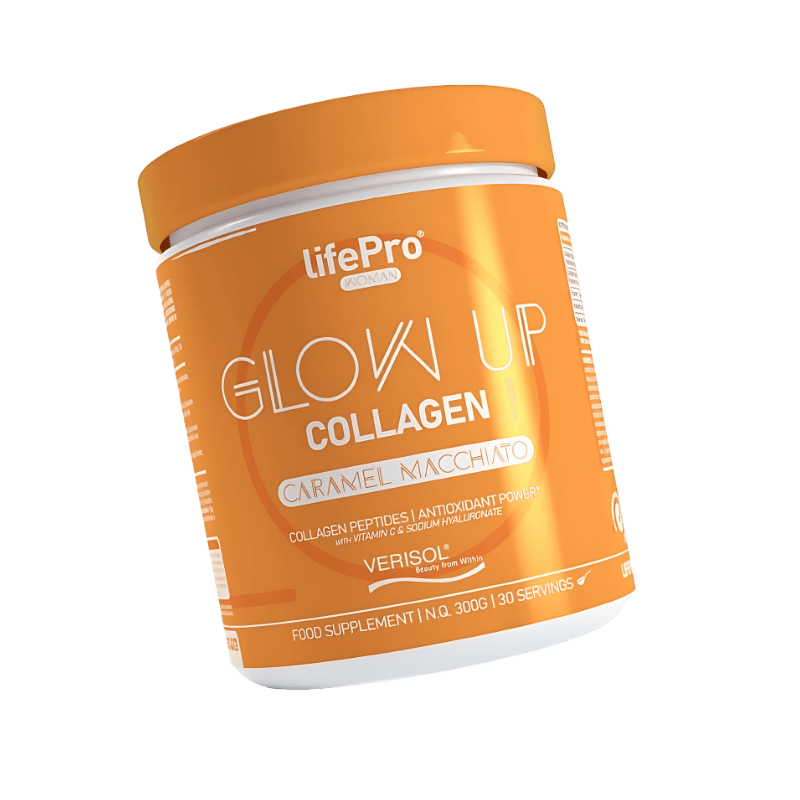 Pot orange LifePro Glow Up Collagen 300g goût caramel macchiato, complément beauté à base de peptides de collagène Verisol, vitamine C, acide hyaluronique et sélénium