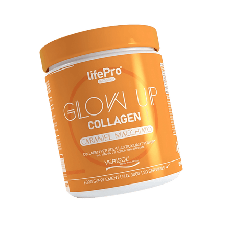 Pot orange LifePro Glow Up Collagen 300g goût caramel macchiato, complément beauté à base de peptides de collagène Verisol, vitamine C, acide hyaluronique et sélénium