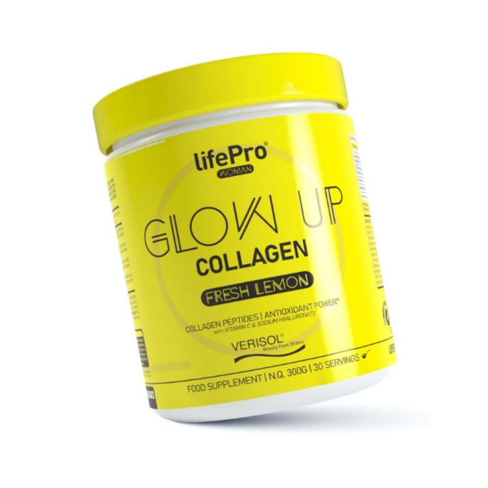 Pot jaune LifePro Glow Up Collagen 300g saveur fresh lemon, formule nutricosmétique avec peptides de collagène, vitamine C, hyaluronate de sodium et sélénium