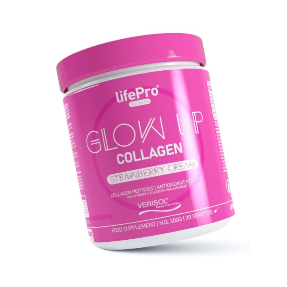 Pot rose LifePro Glow Up Collagen 300g goût strawberry cream, peptides de collagène Verisol enrichis en vitamine C, acide hyaluronique et sélénium pour l’élasticité de la peau