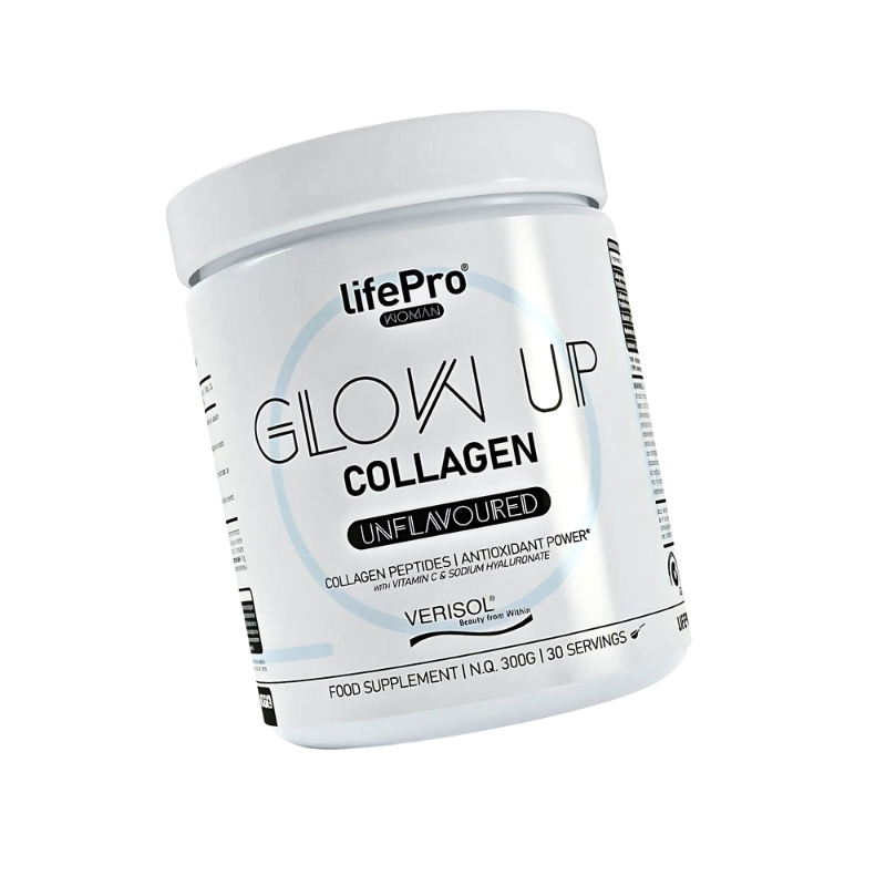 Pot LifePro Woman Glow Up Collagen 300g saveur neutre, peptides de collagène Verisol avec vitamine C, acide hyaluronique et sélénium pour peau, cheveux et ongles