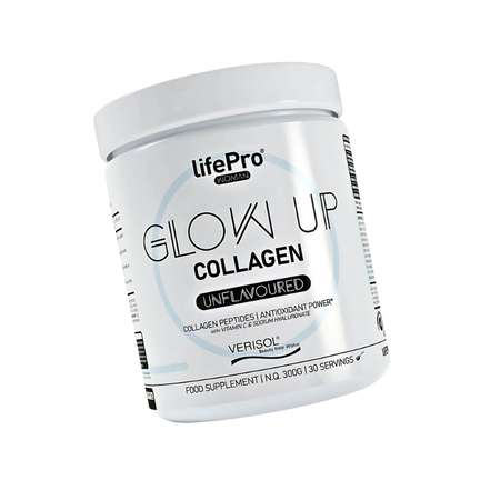 Pot LifePro Woman Glow Up Collagen 300g saveur neutre, peptides de collagène Verisol avec vitamine C, acide hyaluronique et sélénium pour peau, cheveux et ongles