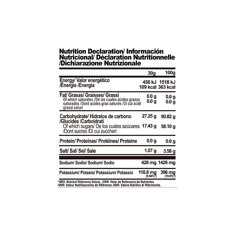 Tableau nutritionnel Life Pro Hydra Pro : calories, glucides, sucres, sodium et potassium par dose de 30g