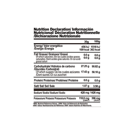 Tableau nutritionnel Life Pro Hydra Pro : calories, glucides, sucres, sodium et potassium par dose de 30g