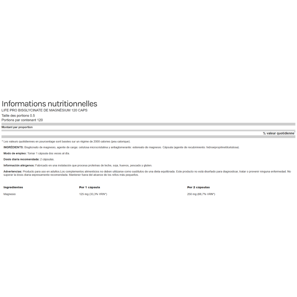 Tableau nutritionnel Life Pro Magnesium Bisglycinate indiquant 125mg de magnésium élémentaire par capsule et 250mg pour 2 capsules, posologie et ingrédients