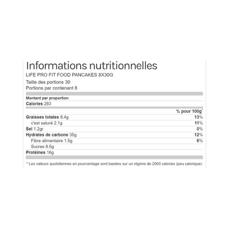 Tableau des informations nutritionnelles de la préparation pour pancakes protéinés LifePro indiquant calories, graisses, glucides, sucres, fibres et protéines par portion