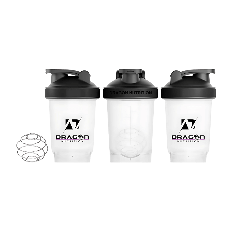 Ensemble de trois shakers Dragon Nutrition 550 ml transparents avec couvercle noir et bille mélangeuse en acier inoxydable