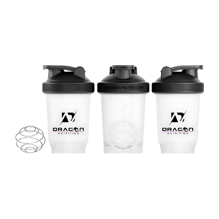 Ensemble de trois shakers Dragon Nutrition 550 ml transparents avec couvercle noir et bille mélangeuse en acier inoxydable