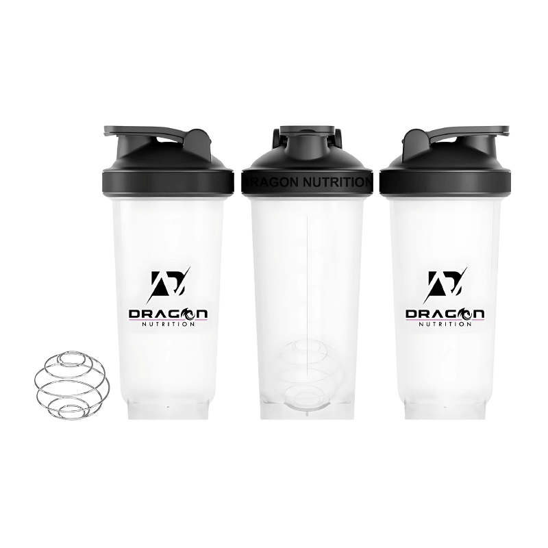 Ensemble de trois shakers Dragon Nutrition 750 ml transparents avec couvercle noir et bille mélangeuse en acier inoxydable