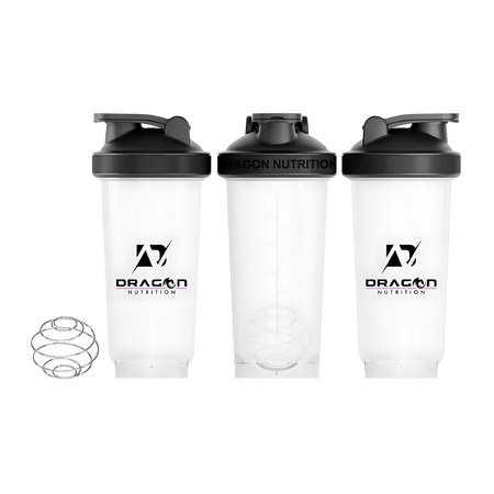 Ensemble de trois shakers Dragon Nutrition 750 ml transparents avec couvercle noir et bille mélangeuse en acier inoxydable