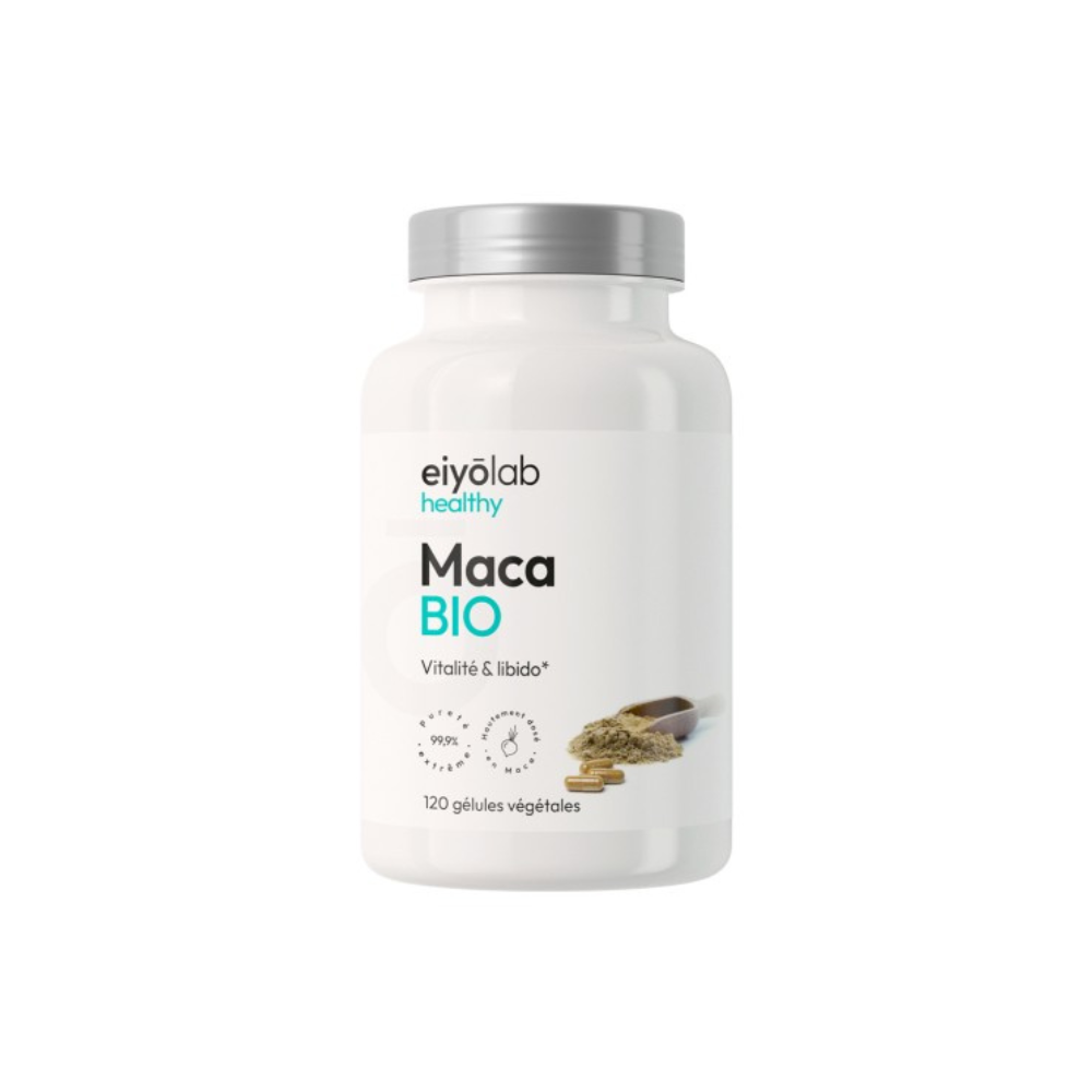 Flacon Eiyolab Healthy Maca Bio 120 gélules végétales, complément pour la vitalité et la libido avec poudre de maca biologique