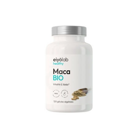 Flacon Eiyolab Healthy Maca Bio 120 gélules végétales, complément pour la vitalité et la libido avec poudre de maca biologique