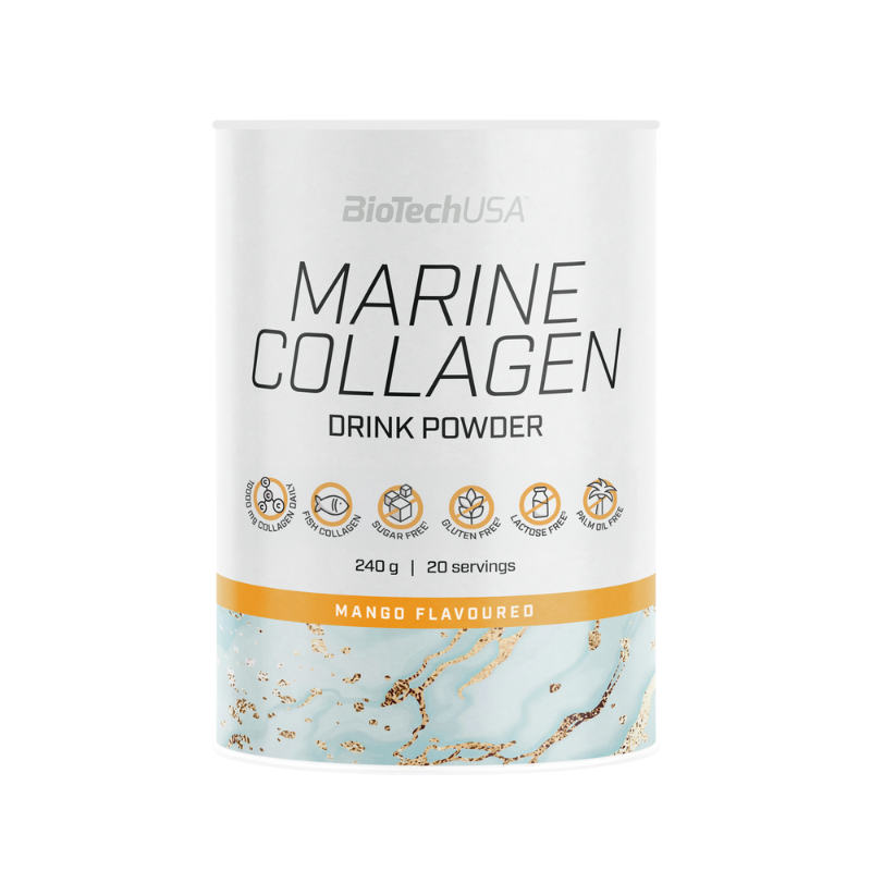 Pot BioTechUSA Marine Collagen 240g goût mangue, complément à base de 84 % de collagène de poisson hydrolysé enrichi en vitamine C, présenté en 20 portions de boisson en poudre