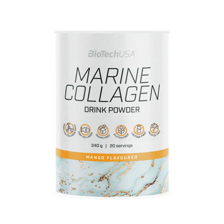 Pot BioTechUSA Marine Collagen 240g goût mangue, complément à base de 84 % de collagène de poisson hydrolysé enrichi en vitamine C, présenté en 20 portions de boisson en poudre