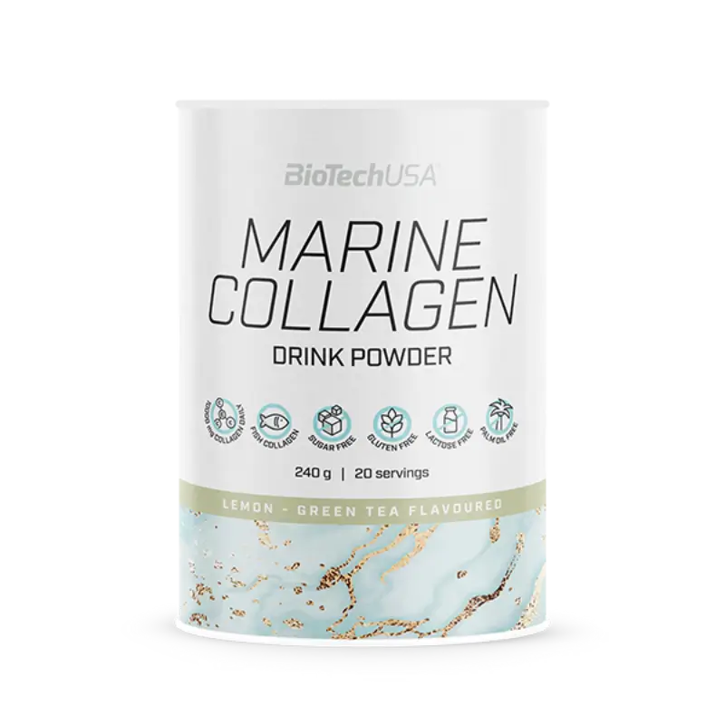 Pot BioTechUSA Marine Collagen 240g saveur citron thé vert, boisson en poudre contenant 10g de collagène marin hydrolysé et 40mg de vitamine C par portion, sans sucre, gluten ni lactose