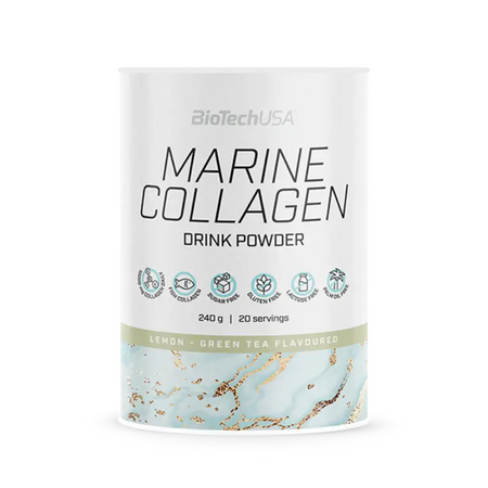 Pot BioTechUSA Marine Collagen 240g saveur citron thé vert, boisson en poudre contenant 10g de collagène marin hydrolysé et 40mg de vitamine C par portion, sans sucre, gluten ni lactose