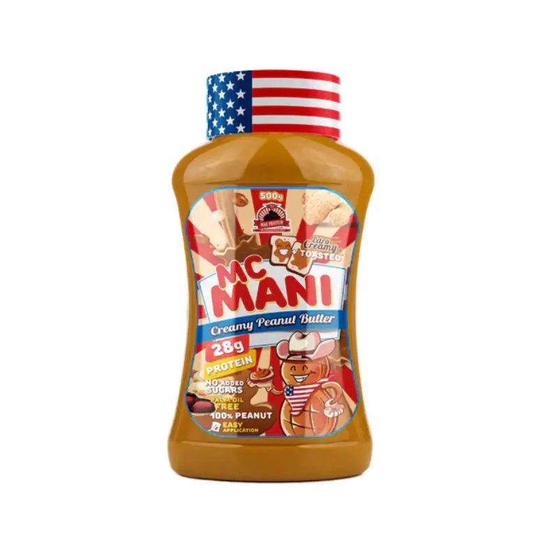 Bouteille souple de beurre de cacahuète McMani Creamy Peanut Butter avec bouchon drapeau américain et étiquette colorée indiquant 28 g de protéines