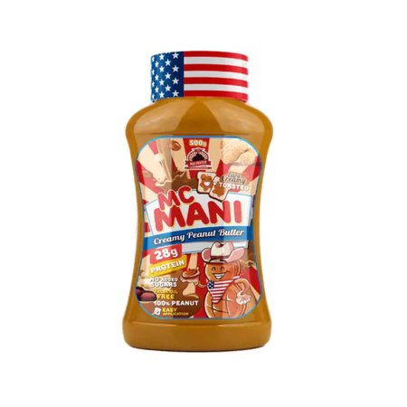 Bouteille souple de beurre de cacahuète McMani Creamy Peanut Butter avec bouchon drapeau américain et étiquette colorée indiquant 28 g de protéines