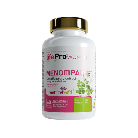 Flacon LifePro Woman Menopause 120 gélules véganes, formule à base d’extrait sec de cimifuga, magnésium, vitamines et complexe Safrasol pour le confort de la ménopause