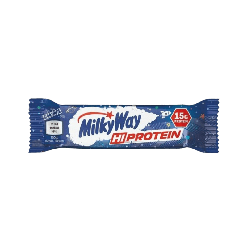 Barre protéinée Milky Way Hi Protein 15 g de protéines, emballage bleu étoilé avec logo Milky Way et indication des valeurs énergétiques par portion et par 100 g
