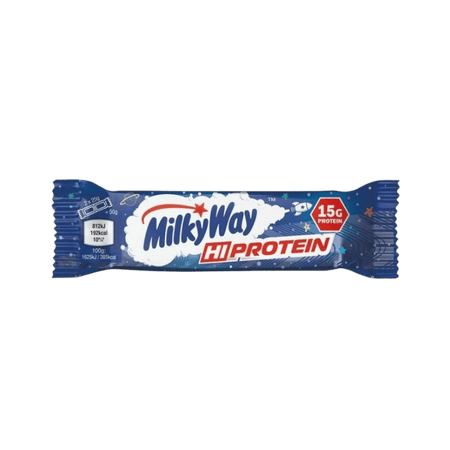 Barre protéinée Milky Way Hi Protein 15 g de protéines, emballage bleu étoilé avec logo Milky Way et indication des valeurs énergétiques par portion et par 100 g