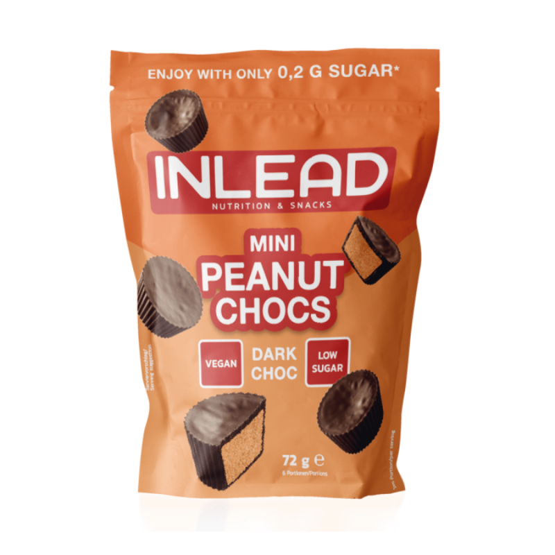 Sachet Inlead Mini Peanut Chocs 72g, mini bouchées de chocolat noir fourrées à la crème de cacahuète, vegan et à faible teneur en sucre avec seulement 0,2g de sucre par portion