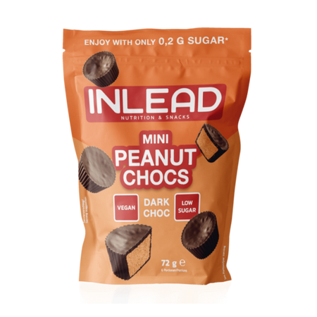 Sachet Inlead Mini Peanut Chocs 72g, mini bouchées de chocolat noir fourrées à la crème de cacahuète, vegan et à faible teneur en sucre avec seulement 0,2g de sucre par portion