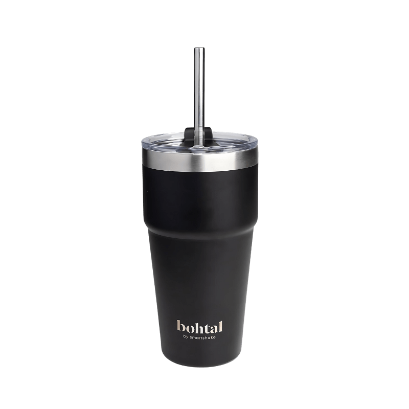 Mug de voyage isotherme Bohtal 600 ml noir avec couvercle transparent et paille en acier inoxydable