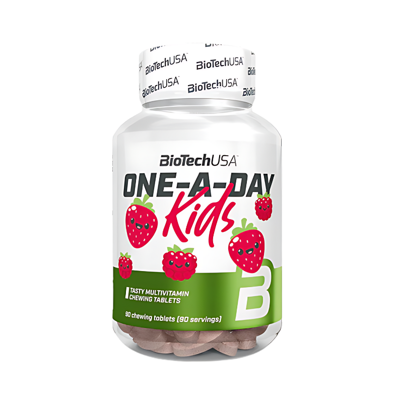 Flacon BioTechUSA One-A-Day Kids, multivitamines pour enfants en 90 comprimés à croquer goût fraise illustrés par des fraises souriantes sur l’étiquette