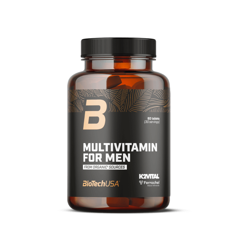 Flacon BioTechUSA Multivitamin for Men, complément multivitamines et minéraux pour hommes en 60 tablettes à partir de sources organiques