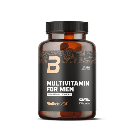 Flacon BioTechUSA Multivitamin for Men, complément multivitamines et minéraux pour hommes en 60 tablettes à partir de sources organiques