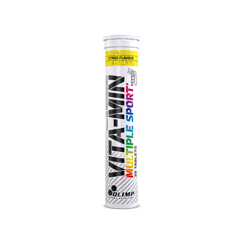 Tube Olimp Vita-Min Multiple Sport effervescent goût citron, complexe multivitamines et minéraux pour sportifs en 20 comprimés à dissoudre