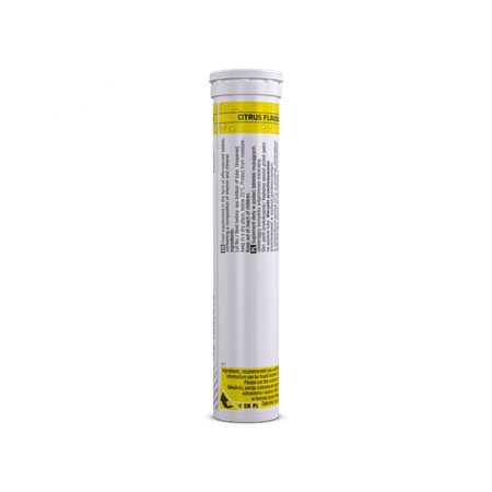 Vue latérale opposée du tube Olimp Vita-Min Multiple Sport effervescent montrant tableau des nutriments, poids net et mode d’utilisation