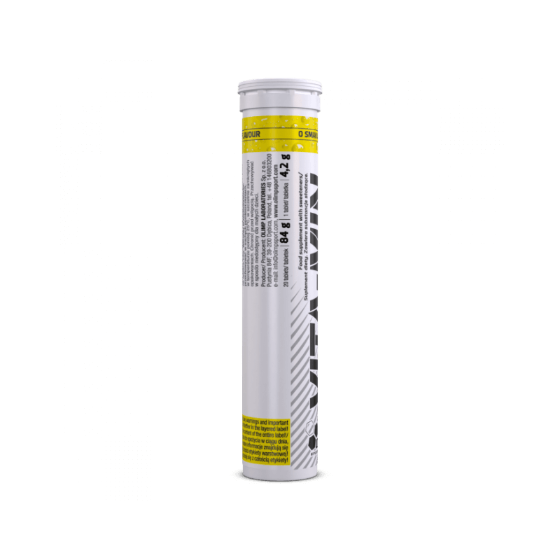 Vue latérale du tube Olimp Vita-Min Multiple Sport effervescent avec texte détaillant ingrédients, précautions d’emploi et informations nutritionnelles