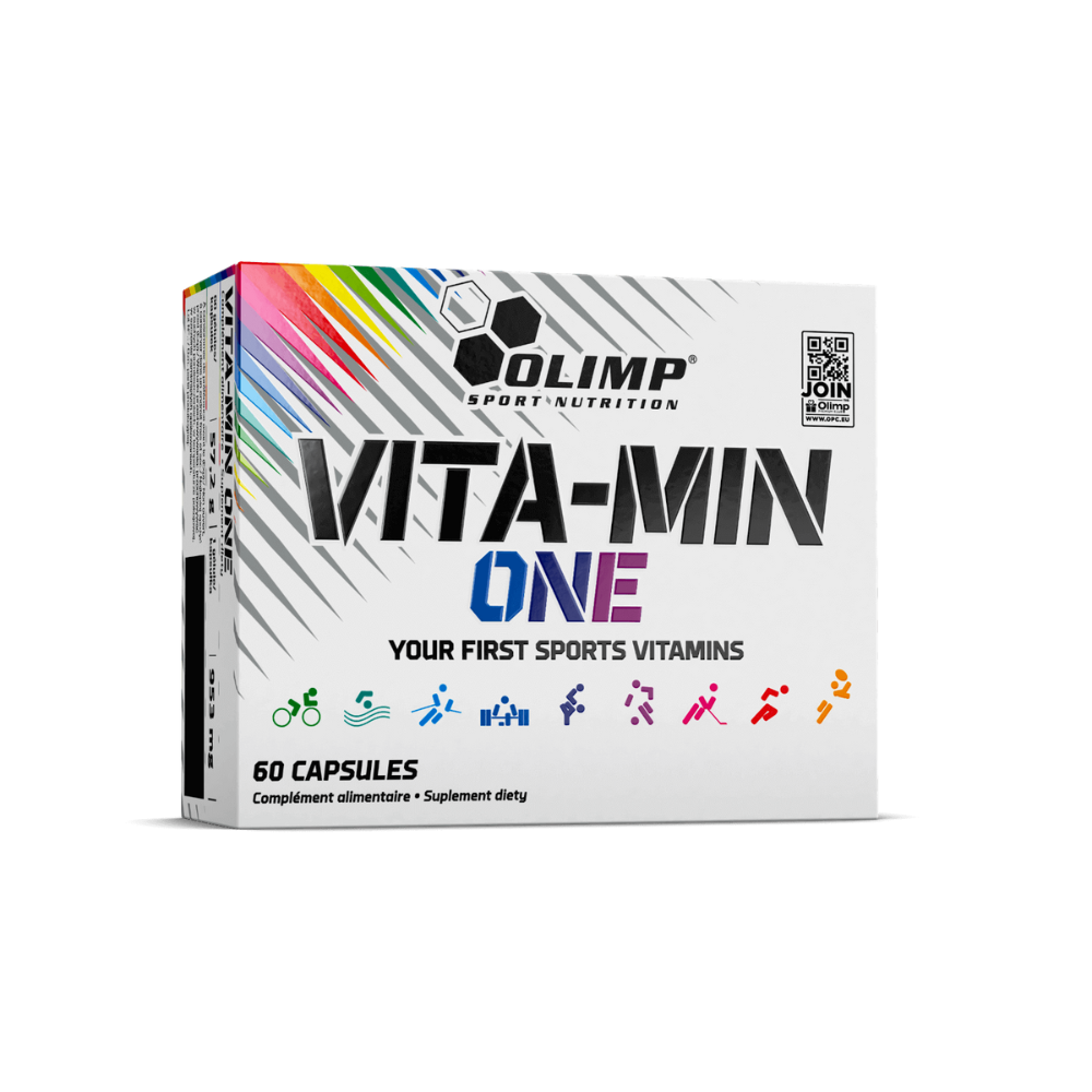 Boîte Olimp Sport Nutrition Vita-Min One 60 capsules, complexe multivitamines et minéraux pour sportifs illustré par des pictogrammes d’activités physiques sur l’emballage