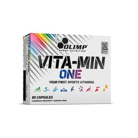 Boîte Olimp Sport Nutrition Vita-Min One 60 capsules, complexe multivitamines et minéraux pour sportifs illustré par des pictogrammes d’activités physiques sur l’emballage