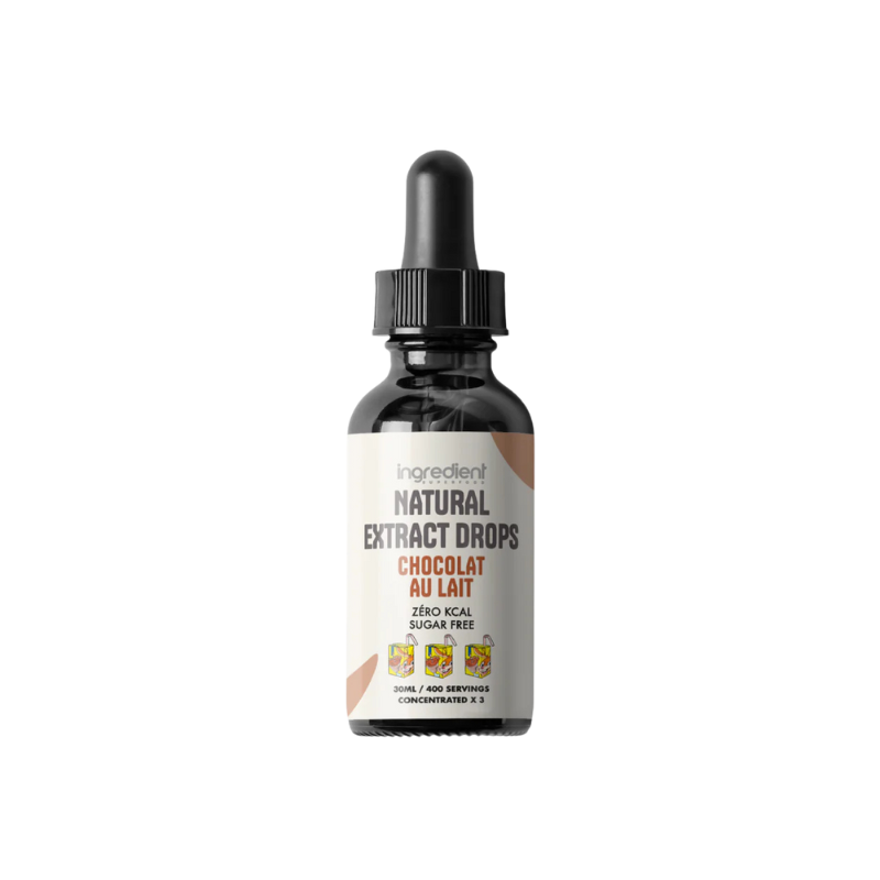 Flacon compte-gouttes Natural Extract Drops goût chocolat au lait zéro kcal et sans sucre sur fond blanc