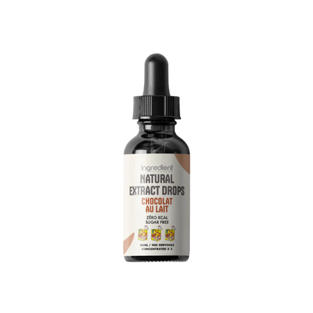 Flacon compte-gouttes Natural Extract Drops goût chocolat au lait zéro kcal et sans sucre sur fond blanc