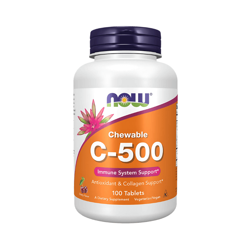 Dos du flacon Now C-500 Chewable avec conseils d’utilisation 1 à 2 comprimés par jour, précautions d’emploi et liste complète des ingrédients sans gluten ni produits laitiers