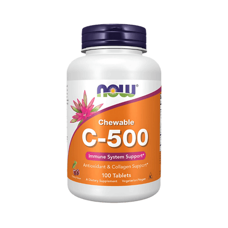 Dos du flacon Now C-500 Chewable avec conseils d’utilisation 1 à 2 comprimés par jour, précautions d’emploi et liste complète des ingrédients sans gluten ni produits laitiers