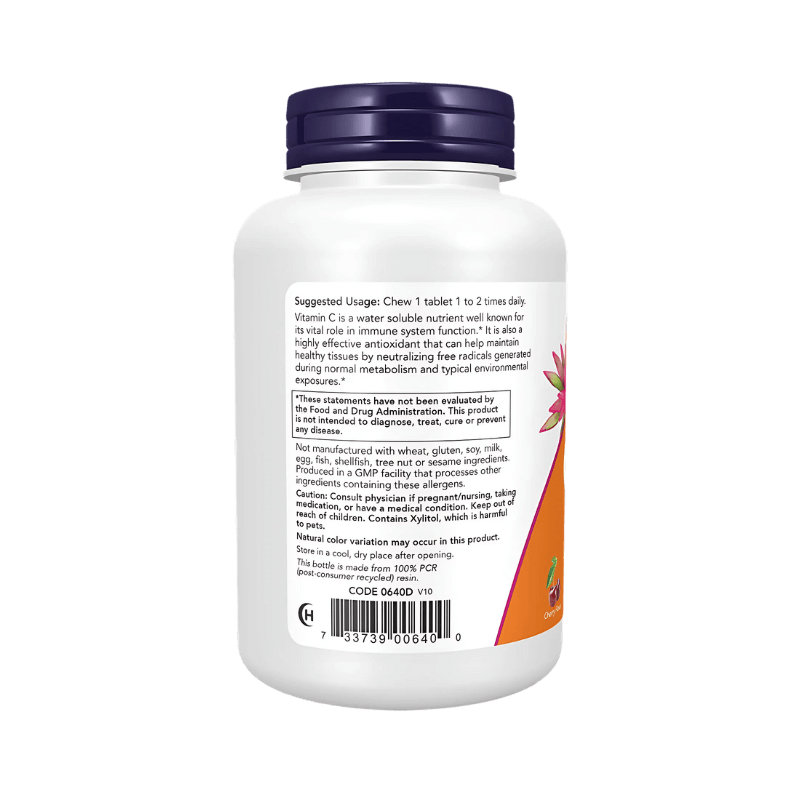 Étiquette Supplement Facts Now C-500 Chewable montrant par comprimé 500mg de vitamine C, 5mg d’extrait d’acérola et 5mg de complexe de bioflavonoïdes d’agrumes