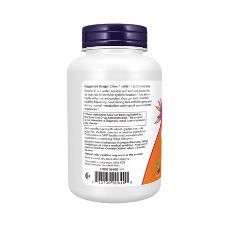 Étiquette Supplement Facts Now C-500 Chewable montrant par comprimé 500mg de vitamine C, 5mg d’extrait d’acérola et 5mg de complexe de bioflavonoïdes d’agrumes