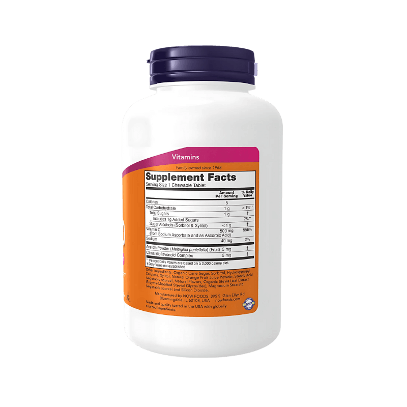 flacon Now C-500 Chewable orange flavor indiquant Immune System Support et Antioxidant and Collagen Support pour 100 comprimés végétariens