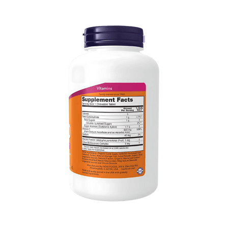 flacon Now C-500 Chewable orange flavor indiquant Immune System Support et Antioxidant and Collagen Support pour 100 comprimés végétariens